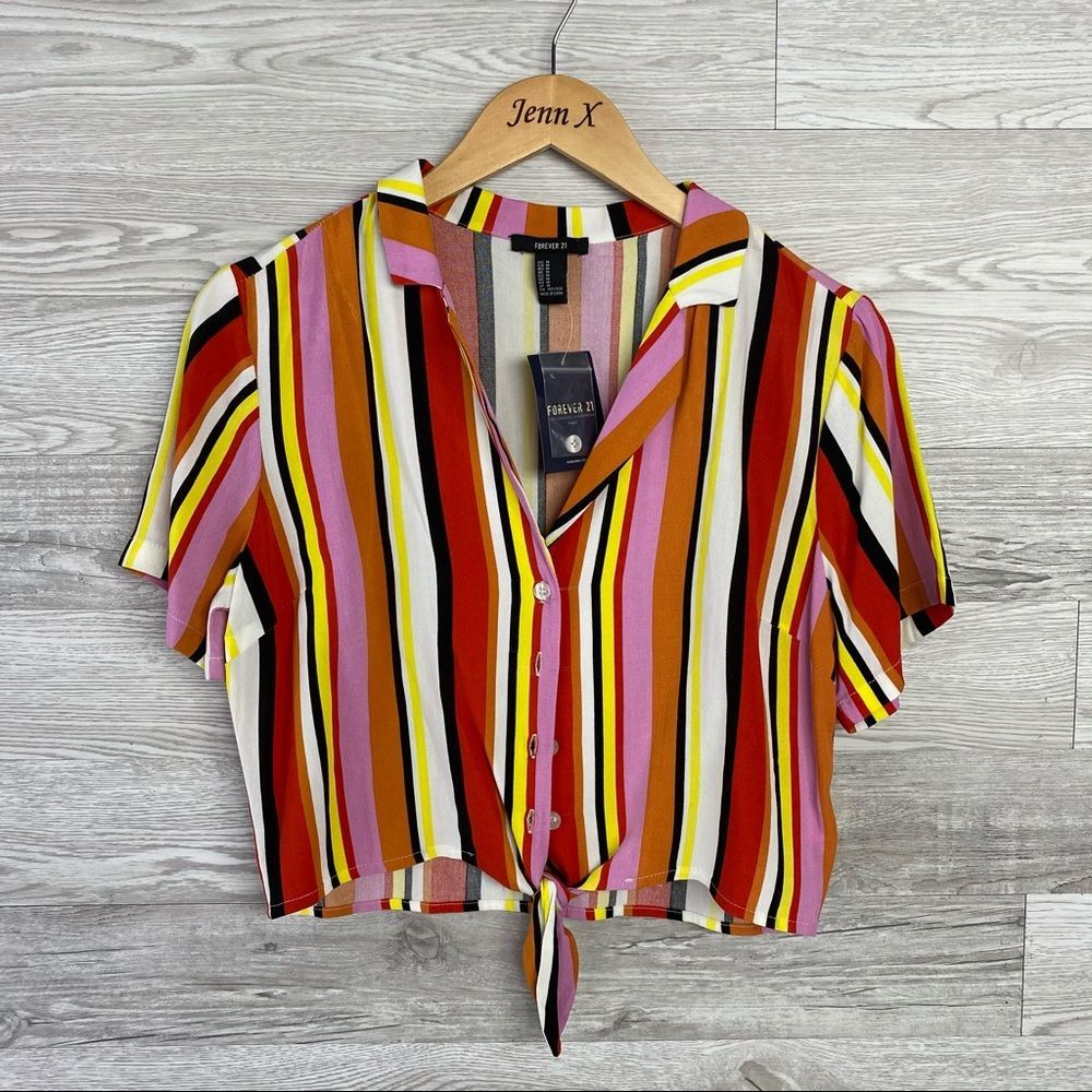 Nwt Forever21 Multicolor Strip Front Tie Crop Top